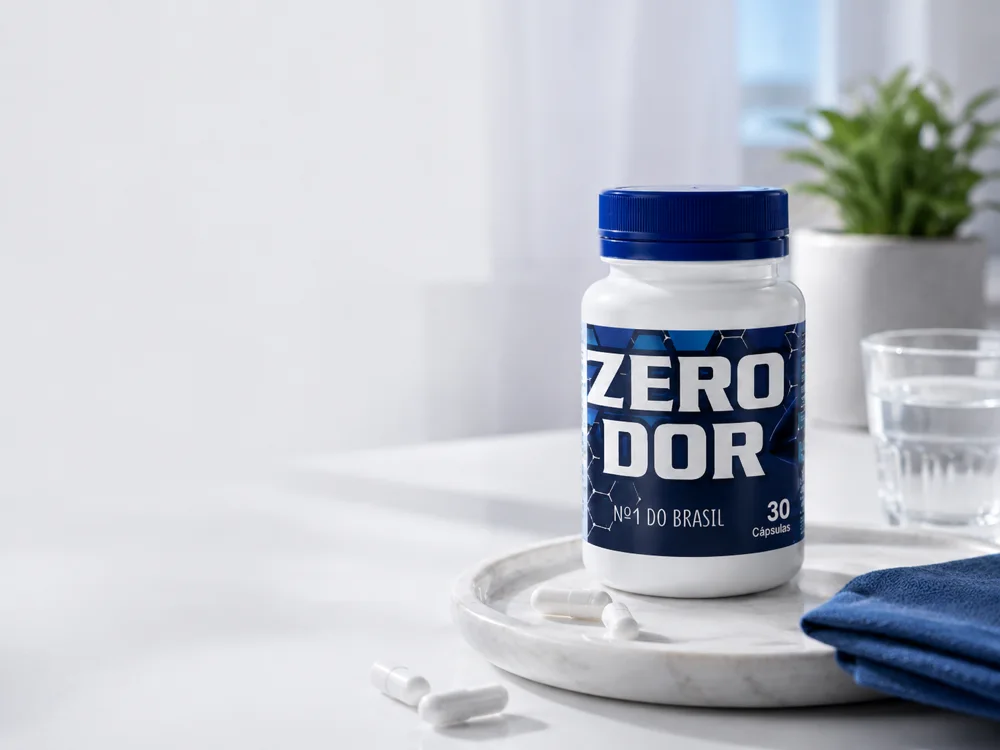 Frasco do Zero Dor com cápsulas e copo d&rsquo;água